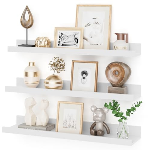 Feihorrm Wandregal 3er Set, Regal Weiß, 60cm Schweberegal aus Holz | Bilderleiste für Bilderrahmen und Dekorationen, Regal Wand für Arbeitszimmer, Wohnzimmer, Schlafzimmer, Küche und Büro
