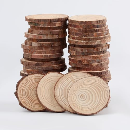 50Pcs 0.5cm Dicke Unvollendete Natürliche Holzscheiben, 5-6cm Runde Holzscheiben mit Baumrinde, Kleine Holzkekse Kreise mit Rinde für DIY Crafts Weihnachten Ornamente Party Hochzeit Dekor