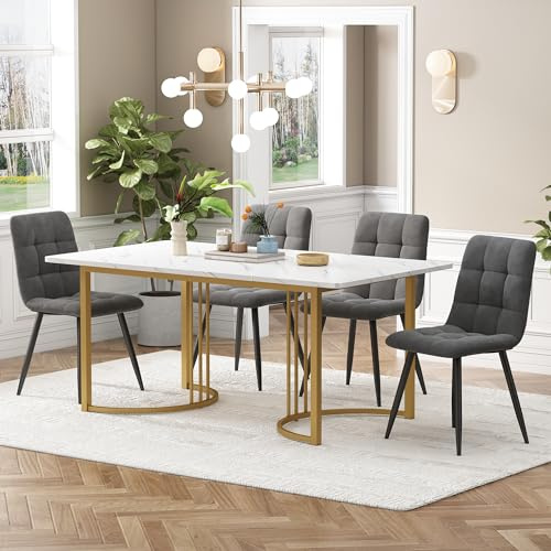 DRIXNO Essgruppe (5-TLG),mit 4 Stühlen Set, 140×80cm Küchentisch mit Golden Metallbeinen, MDF Tischplatte in Weißer,Dunkelgrau Samt Esszimmerstühle