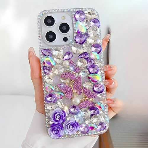 Ymyhyuxi Lyxigt 3D-fjäril, strass, telefonfodral för OnePlus 13R, kristallbling, diamantskydd med rosor och pärlor, flickmodeskyddsfodral och lila.