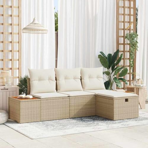 Frdhee Gartenmöbel Lounge Eckbankgruppe,Garten-Sofa-Set mit Kissen 4 pcs Beige Poly Rattan,Gartenmöbelgarnitur für Drinnen und Draußen