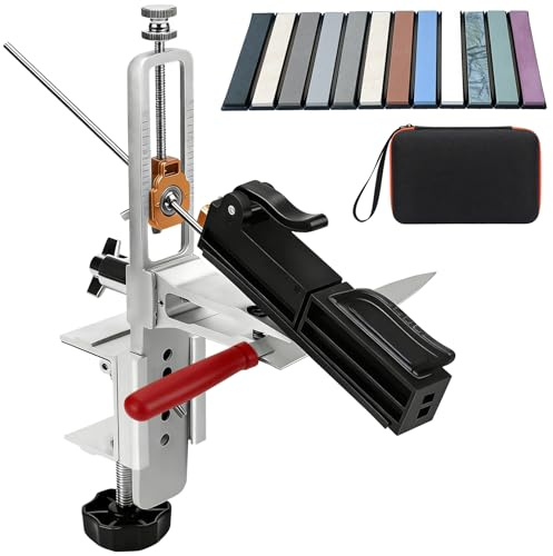 Sistema de Afilado de Cuchillos, Kit Afilador con 12 Piedras de Afilar, Set de Afilado para Cuchillos de Chef con Base, Interiores y Exteriores, Rotación de 360° con ángulo Fijo, Para Cocina y Camping