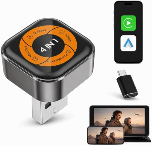 4-in-1 Wireless CarPlay Adapter für Apple CarPlay & Android Auto, AirPlay & MirrorLink Bildschirmspiegelung, Wired zu Wireless Car Play Adapter, 5.8GHz WiFi Bluetooth 5.4, Plug & Play, USB-A/C，Orange