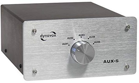 Dynavox AUX-S, Eingangs-Erweiterungs-Umschalter in Metallgehäuse mit 5 Cinch-Eingängen, für Stereo- und Surround-Verstärker, Silber