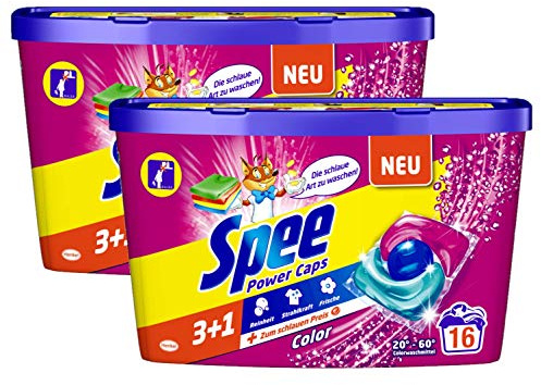 Spee Power Caps Color 3+1, Colorwaschmittel, 32 (2 x 16) Waschladungen, Reinheit, Strahlkraft und Frische für deine Buntwäsche zum schlauen Preis, 20-60°