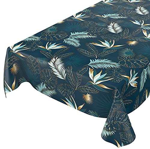 ANRO Wachstuchtischdecke abwaschbar Garten Tischdecke Wachstuch Rund Oval Eckig Indoor Outdoor Blätter Gold Blau 200x140cm