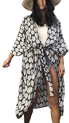 YouKD Dam bohemisk kaftan klänning maxi rock strand coverup cardigan en storlek, Bsvart, en storlek