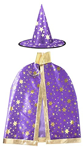Cape du Magicien d'Halloween, Chapeau de Magicien avec Chapeau Cape Wizard pour Enfants Fille Garçon Cosplay Fête du Festival Violet
