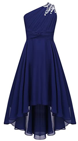 Aislor Enfant Fille Robe de Princesse Cocktail Une Épaule Strass Robes de Cérémonie Fete Fille Robe de Demoiselle d'honneur Carnaval Chic Bleu Marine 13-14 Ans