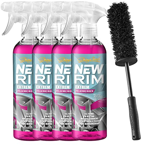 ShinyChiefs WHEELBRUSH Set- Weiche Mikrofaser Felgenbürste zur Reinigung hartnäckiger Verschmutzungen + 4X NEWRIM EXTREM Felgenreiniger mit extremer Löskraft - 40cm Bürste, 4X 500ml Reiniger