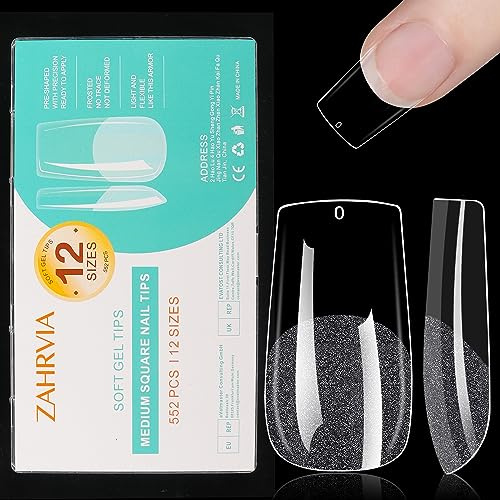 Künstliche Nagel Tips, ZAHRVIA 552 Stück Soft Gel Nageltips Fake Full Cover Nail Tips für Gelnägel Pre-buff Kunstnägel Fingernägel Set für Nail Art DIY, 12 Größen