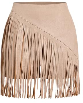 SweatyRocks Women's Cowgirl Fringe Skirts Faux Suede Western Mini Skirt Country Concert Outfits Khaki Medium