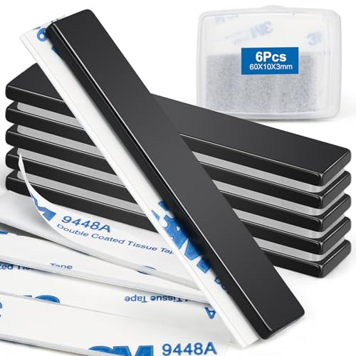 Wzone Strong Magnets, 60×10×3mm | 6 Pack Adhesive Magnets Strips, Large Flat Magnet Black Bar for Offices, Wooden Boards and Walls