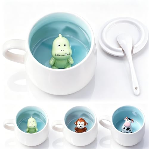 3D Tier in süßer Tasse – Kaffeetasse mit Deckel und Löffel, 350 ml Keramiktasse mit Überraschungseffekt, süßer Hingucker als Geburtstagsgeschenk für Frauen & beste Freundin
