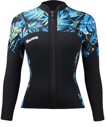Owntop Hauts De Combinaison Femmes 2mm - Vestes Néoprène Ultra Extensible Fermeture Éclair Avant, Vestes De Combinaison Manches Longues Imprimé Camouflage pour Tous Sports Nautiques, Femme Vert L