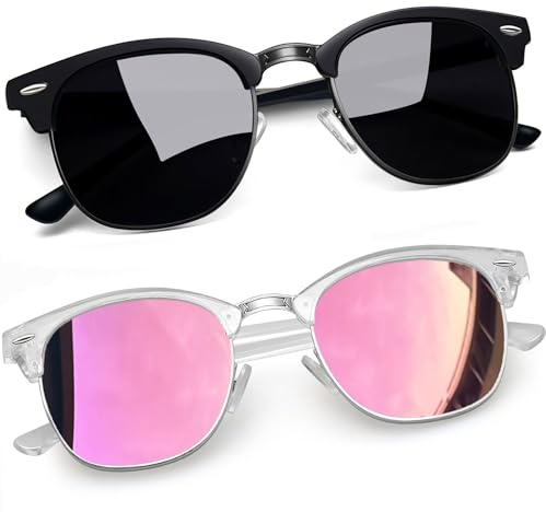 Joopin Halvram Solglasögon Herr Polariserade och Retro Damer Glasögon Classics Rektangulära Solglasögon Kvinnor Män Unisex med 2 Par UV400 Skydd Matt Svart und Rosa Spegel