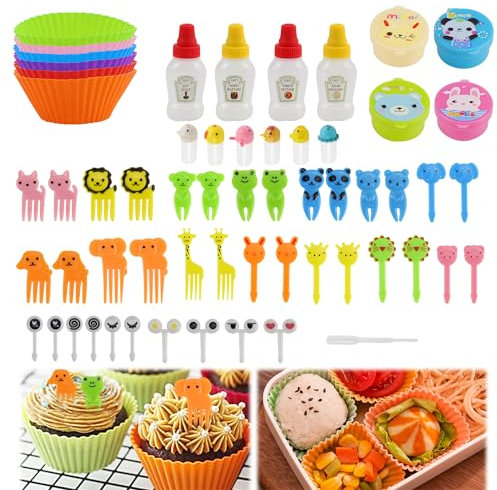 Abnaok 61PCS Silicone Lunch Box Dividers Bento Box Accessories Silicone Cupcake Liners, Lunch Box Accessories Including Food Picks Mini Condiment Bottles for Lunch Containers Accessories