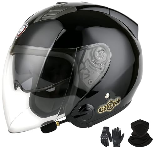 GNIUBBDB Casco Jet Bluetooth Moto Certificazione ECE Integrato Scooter Adulti Uomo Donna Doppia Visiera D,XL (61-62cm)