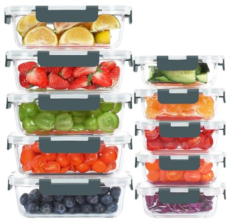 KOMUEE Lot de 10 Boîtes en Verre Alimentaire, Boîtes de Conservation Avec Couvercles Hermétiques, sans BPA, Passant au Congélateur, au Four et au Micro-ondes