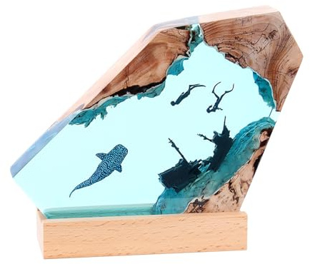 Ysislybin Harz Ozean Nachtlicht, Taucher Walhöhle Ozeanlampe Kunstharz Holz Nachttischlampe Schreibtischkunst Ornamente LED Tischlampe USB Aufladen Harz Holz Licht Nachttischlampe Kunstornamente