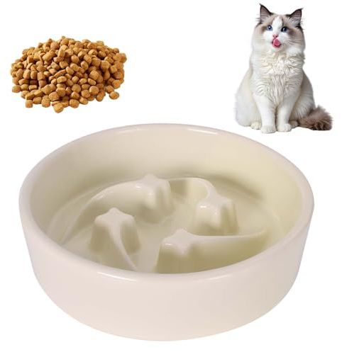 Gamelles Anti-Glouton pour Chat en Céramique, 16 x 4,3 cm Gamelle à Alimentation Lente, Gamelle Anti-Glouton avec Motif Météore, Gamelles pour Chat Facile à Nettoyer, pour Chats et Chiens (Blanc)