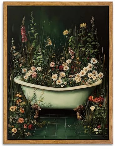 AtterrirArt Framed Plant Bathroom Wall Art, 12 * 16inch, Vintage Bathtub Botanical Prints Poster, Dark Green Moody Flower Wall Decor, Floral Canvas Wall Art For Restroom, Toilet, Ready to Hang