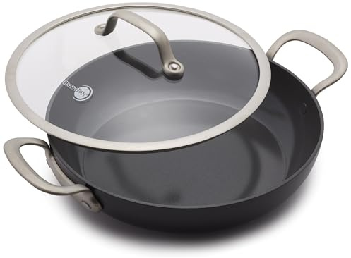 GreenPan Healthy Ceramic Nonstick 12 Everyday Frying Pan with 2 Handles and Lid, PFAS-Free, Multi Clad, Induction, Dishwasher Safe, Oven Safe, Black