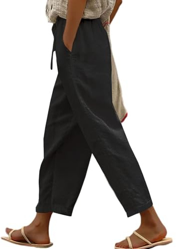 Yutdeng Pantalones de Lino Mujer Ligeros Pantalon Verano Mujer Cintura Alta 7/8 Pantalon Playa Anchos Casual Pantalones Chandal Elástico Jogger Algodón Palazzo Pantalón Yoga Cómodos Cordón Bolsillos