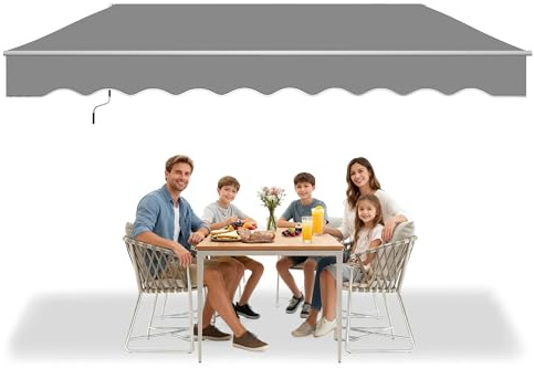 HENGMEI Auvent à bras articulés, protection solaire, store de terrasse escamotable en aluminium avec manivelle (300 x 250 cm, gris clair)
