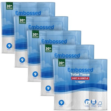 by Amazon Toilet Roll, 2-Ply Embossed, Soft and Gentle, 45 Rolls (5 Pack of 9), 200 Sheets per Roll, FSC Certified