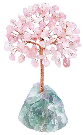 CrystalTears Rose Quartz Crystal Tree Reiki Healing Gemstone Money Trees with Fluorite Crystals Stone Base Feng Shui Crystal Ornament for Home Decor Good Luck Gift for Birthday Christmas 4.7-5.1