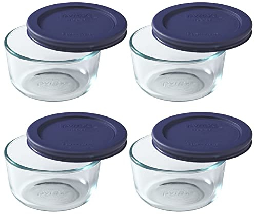 Pyrex 7202 1-Cup Glass Bowl & 7202-PC Dark Blue Lid (4-Pack) - Made in USA