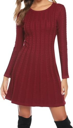 Gyabnw Polotröja för damer, stickad klänning, stickad tröja, elegant, vinterklänning, trendig tröja, midiklänning för fritid, cocktail, A-vinröd, XL