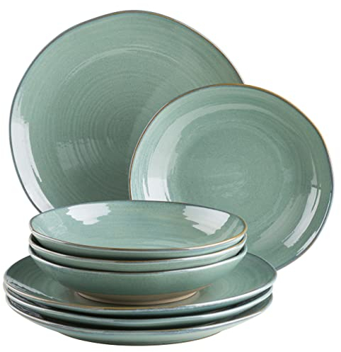 MÄSER Serie Nottingham, Vintage Teller-Set für 4 Personen, 8-teiliges Tafelservice mit Speiseteller und Suppenteller im unregelmäßig runden Retro Look, Steinzeug, Türkis-Grün