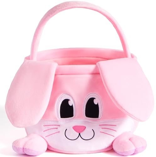 JOYIN Easter Pink Bunny Basket, 10”× 8” Pink Rabbit Backet with Foldable Ears, Empty Soft Basket with Handle, Easter Gifts for Babies, Kids Egg Hunt Game, Candy Bag & Party Favor Storage Container