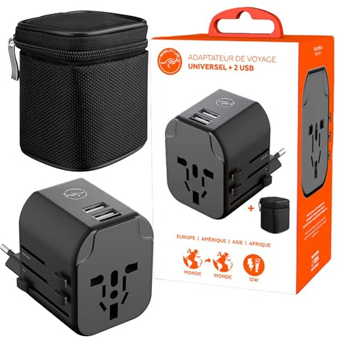 Mobility Lab Adaptador de Viaje Universal con 2 Puertos USB - Carga Rápida 12W - Compatible con Más de 200 Países - Carga Simultánea de 3 Dispositivos - Conectores EU/UK/USA/AUS