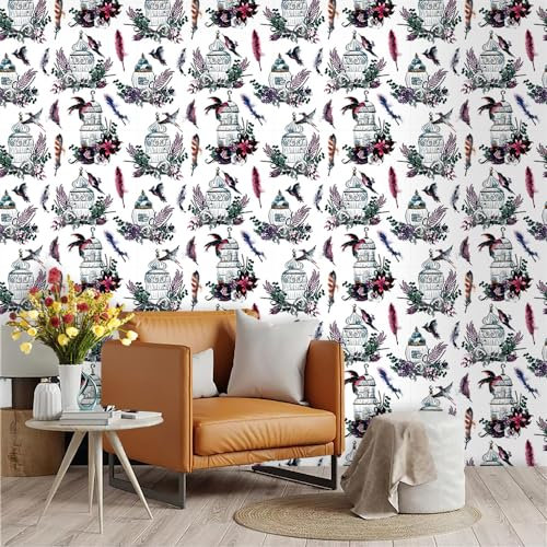 Selbstklebende Tapete Lila Federgrün Strukturtapete Wandtattoo Schlafzimmer Tapete Selbstklebend Vliestapete Wallpaper for Living Room Tapeten Langlebig Wandschutzfolie 45x600cm
