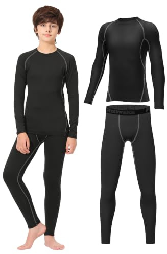 Rolimaka Kids Base Layer Set Youth Boys Compression Sets Athletic Long Sleeve Top & Tights Set Football Gym Sport Black（Grey Line XS