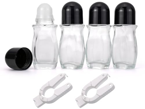 Newzoll 4 Pack 50mL Clear Glass Roller Bottles for Deodorant, Essential Oil Roll On Bottles, Leak-Proof Refillable Rollerball Containers with Black Caps, Travel DIY Perfume Applicator