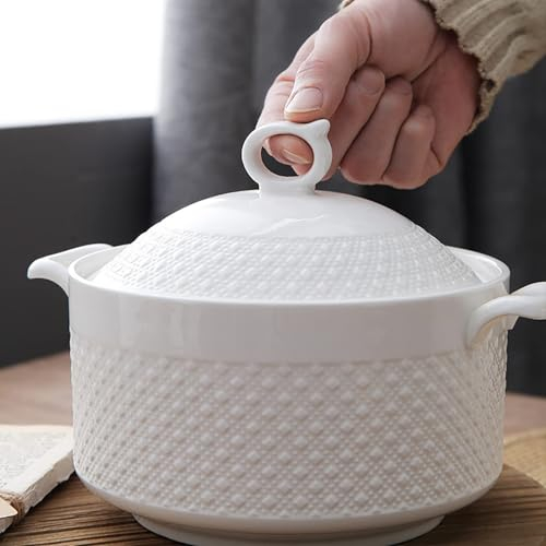 MGHRUE Olla De Sopa De Cerámica Blanca, Ollas De Arcilla Asiática para Cocinar Sopera con Tapa, Hecha De Porcelana para Cocina De Restaurante,1500ml