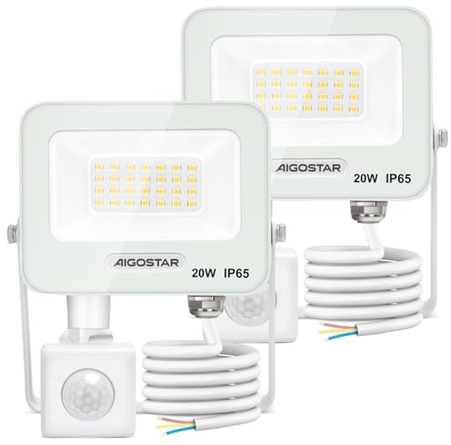 Aigostar 20W Projecteur LED Extérieur avec Détecteur de Mouvement，2 Pièces，1650LM Ultra Mince Spot LED Interieur，Lumière de Sécurité Etanche IP65 pour Jardin，Patio，Cour，Allée，Blanche Naturelle 4000K
