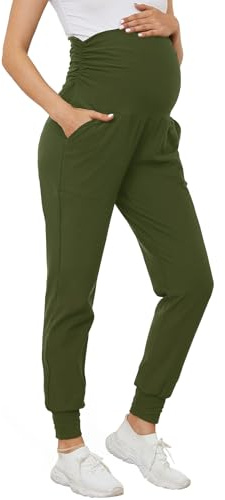 PARNIXS Women's Maternity Joggers Over Bump Stretchy Sweatpants Workout Sports Lounge Pregnancy Pants Yoga Trousers with Pockets,Army Green-L
