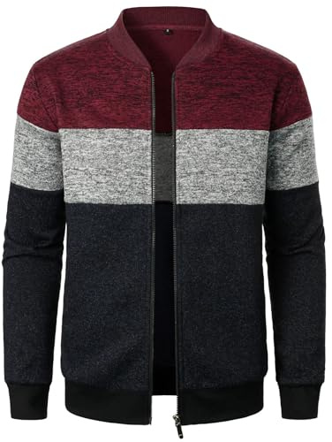 Bauzuoyo Chaqueta de punto para hombre, cárdigan de punto fino con cremallera para hombre, chaqueta de punto de color bloque para hombre para otoño invierno, rojo, XXL