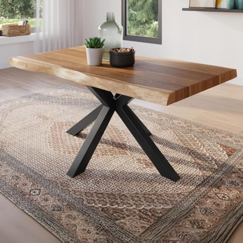 trelevo Esszimmertisch 120x80 cm naturfarben Spider-Gestell Baumkante | Akazienholz massiv, Tischplatte, schwarz, Baumkantentisch