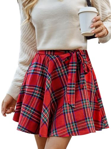 CUPSHE Rutig A-linjeformad minikjol, dam stickad band kjol, fashionabel mångsidig höst vinterkjol, röd, XL