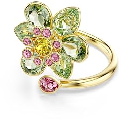 Swarovski Idyllia Anello Aperto, Gioiello Versatile con Cristalli Verdi, Rosa e Gialli, Pietre Preziose a Taglio Misto, Motivo a Fiore, Placcatura in Tonalità Oro, Taglia 50