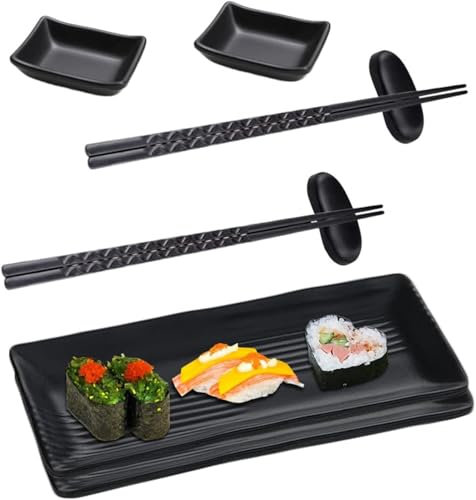 STOUCLA Plato para sushi con cuencos para salsas, platos de sushi japonés, juego de vajilla con 2 pares de palillos + 2 estantes para palillos + 2 platos + 2 platos de salsa negro