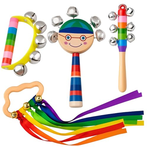 Tambourine for Kids, 4-Piece Musical Instruments Set with Hand Bell, Tambourine, Baby Ribbon Toy Sensory, Wooden Musical Instruments for Toddlers