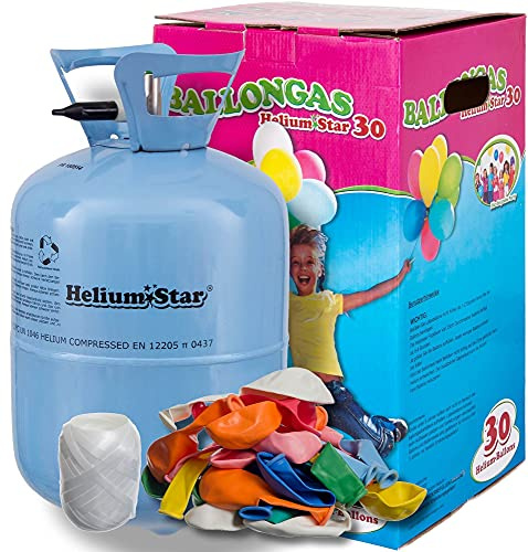 HeliumStar® Helium Einwegflasche mit Ballongas inkl. 30 Bunte Latexballons (Ø 25cm) + weißes Polyband! 250 Liter Helium für Luftballons in Heliumflasche - Ballongas reicht für alle 30 Ballons