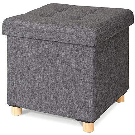 tavora Sitzhocker mit Holzfüßen, Leinenbezug, bis 300kg, 38x38x38 cm, Grau | Sitzwürfel mit viel Stauraum & gepolstertem, abnehmbarem Deckel, Stabile Aufbewahrungsbox mit Leinenbezug und Holzfüßen